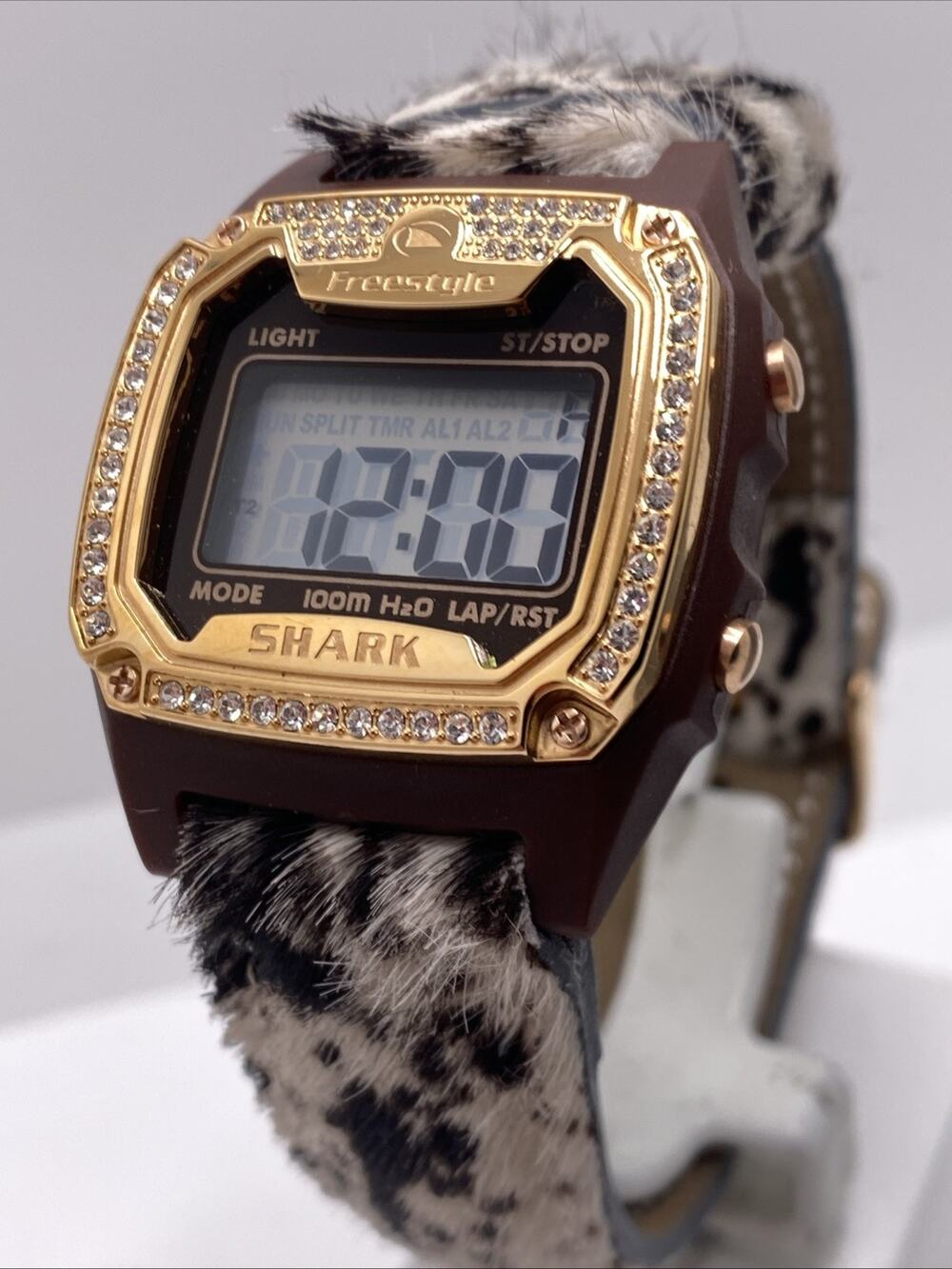 Freestyle Shark Rosegold Rhinestone Fuzzy Cow Band Surfing Watch New Battery